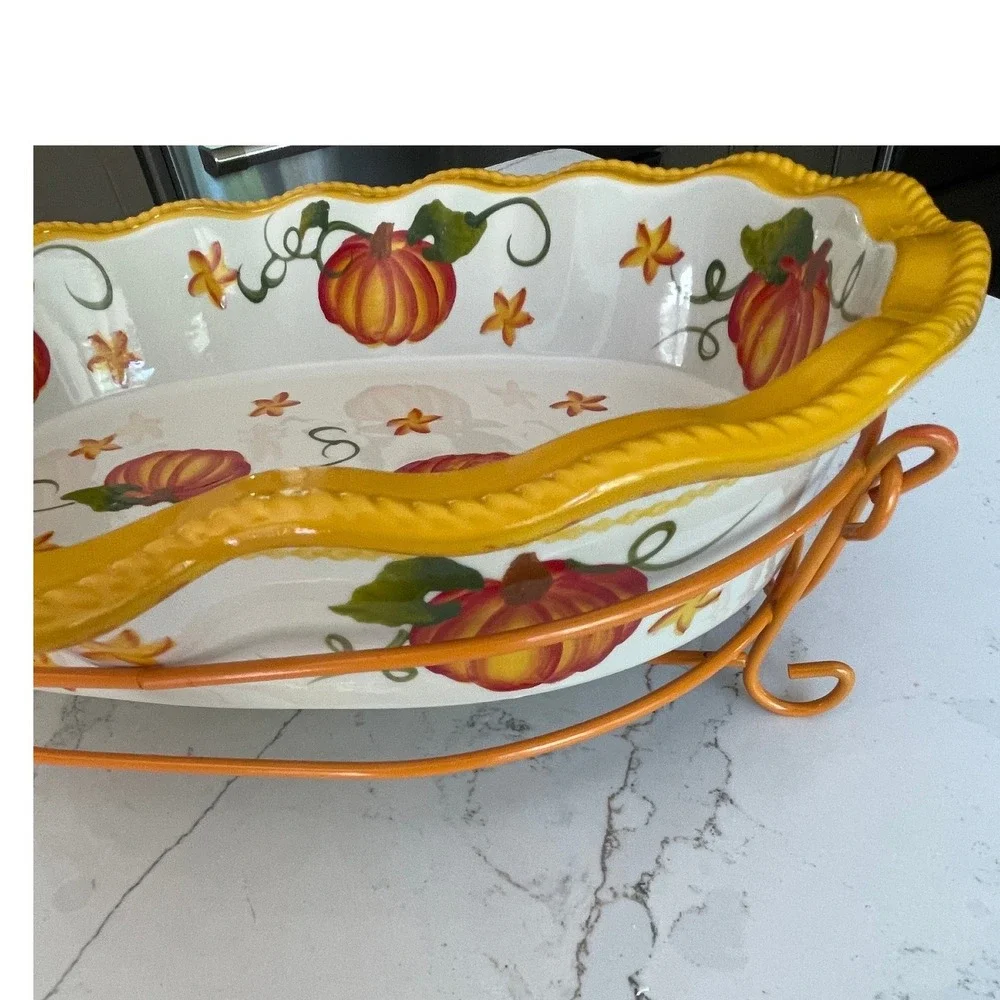 Temp-tations Old World Pumpkin Pie Plate with Rack 1.75 Qt Ceramic Baker NIB